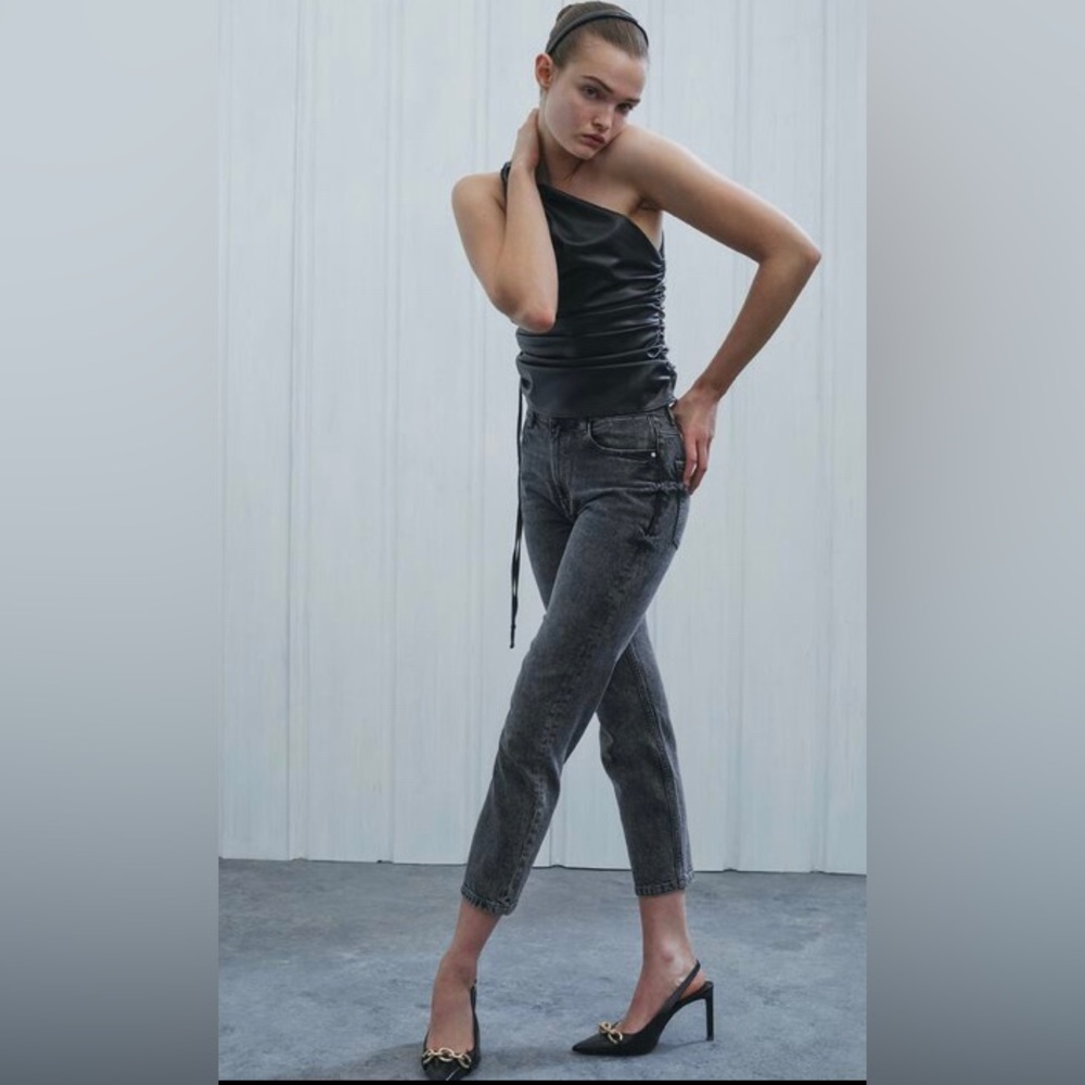 Zara Faux Leather Draped Top Black